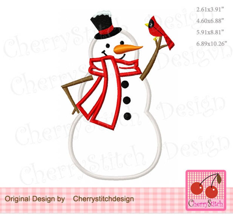 May include: A white snowman with a red scarf and black buttons, wearing a black top hat. The snowman is holding a red cardinal bird in its right hand.