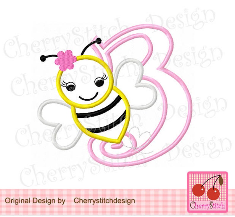 4x4 5x5 6x6 Bumble Bee Number 3 Birthday Machine Embroidery Applique Design