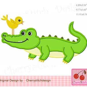 Motif appliqué de broderie Machine alligator et oiseau (téléchargement numérique)