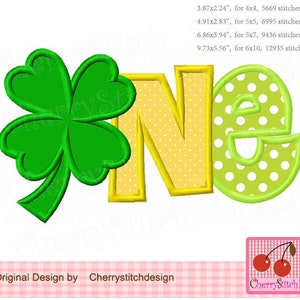 May include: A green four-leaf clover, a yellow letter N, and a green letter E with white polka dots. The letters spell out "One".