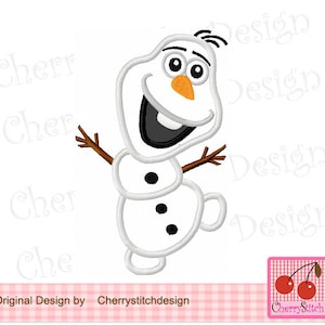 May include: White cartoon snowman with black eyes, a black mouth, and a carrot nose. The snowman is wearing a brown twig on each arm and has three black buttons on its body. The snowman is smiling and has a happy expression.