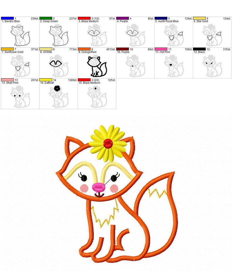 Spring Jungle Animal Machine Embroidery Applique Design AN0487 Fox Flowers Baby Fox girl