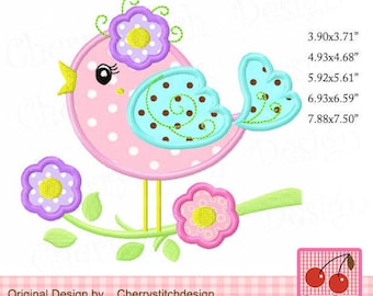 Bird Spring Flowers Applique Machine Embroidery Design (Digital Download)