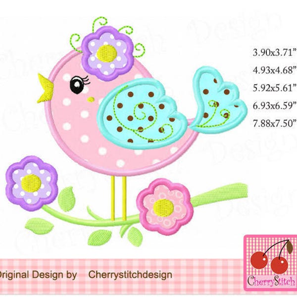 Bird applique Spring flowers bird Machine Embroidery Applique