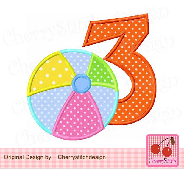 Beach Ball Number 3 Birthday Machine Embroidey Applique Design Etsy