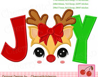 May include: A festive embroidery design featuring the word "JOY" with a reindeer face replacing the "O". The letters are red and green, with the reindeer in tan, brown, and red. Includes stitch count and hoop size information. Designed by Cherrystitchdesign.