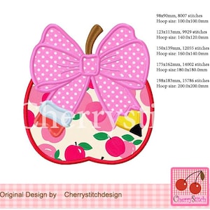 May include: A pink apple with a pink polka dot bow and a yellow pencil. The apple is surrounded by small red apples with green leaves. The design is for embroidery and is available in multiple sizes.