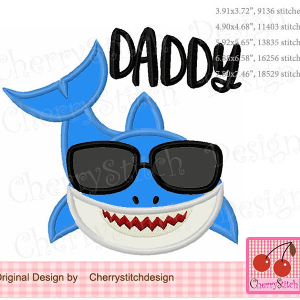 Shark applique, Daddy shark with Sunglasses, Mother's Day Father's Day Machine Embroidery Applique Design AN0199