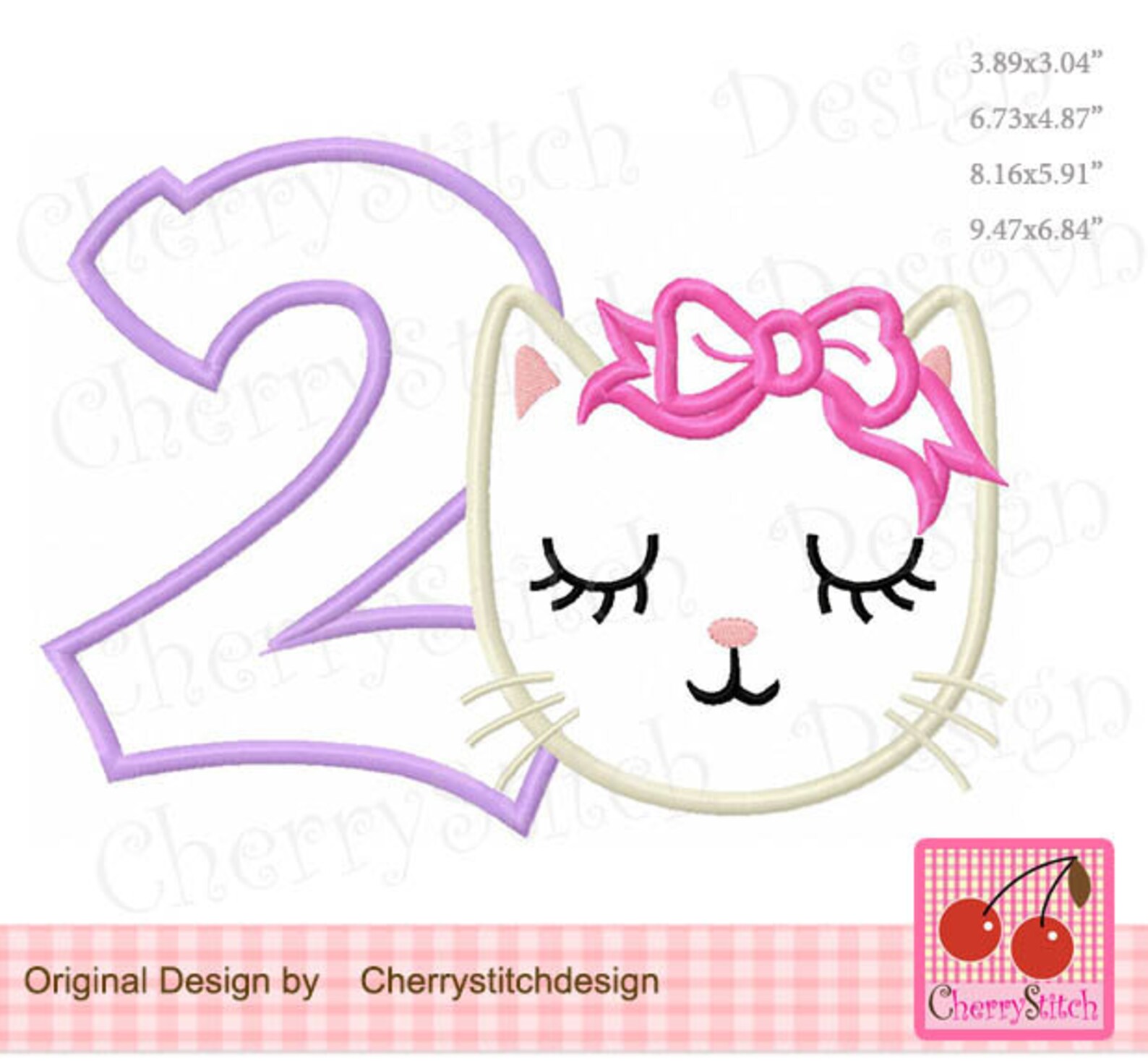 Cat number 2 kitty cat with bow machine embroidery applique  etsy Cat number 2 kitty cat with bow machine embroidery applique  etsy