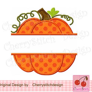 May include: Orange pumpkin with white polka dots, split in half horizontally with a blank space in the middle. The pumpkin has a green stem and brown leaves. The text "Cherry Stitch Design" is visible at the bottom of the image.