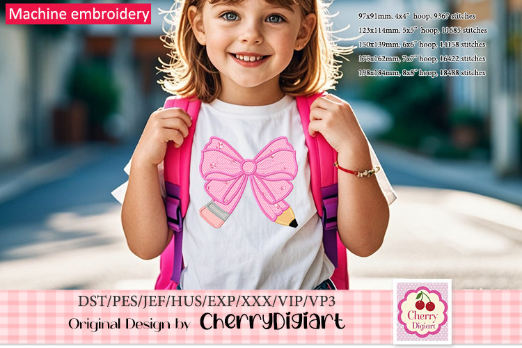 Back to School Pencil Bow Machine Embroidery - School Shirt Decor