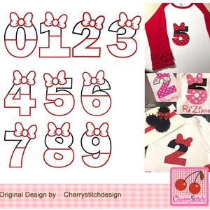 Apliques de números de laço da Minnie, conjunto de números de orelhas de rato, design de bordado à máquina