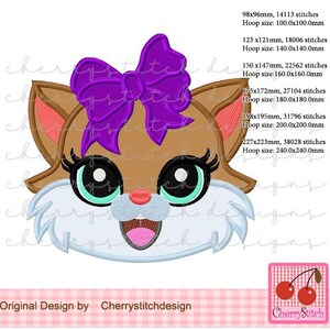 May include: A cartoon cat face with a purple bow, large eyes, and a smiling mouth. The design includes the text "Original Design by Cherrystitchdesign" and a logo with cherries. The image also lists stitch counts and hoop sizes.