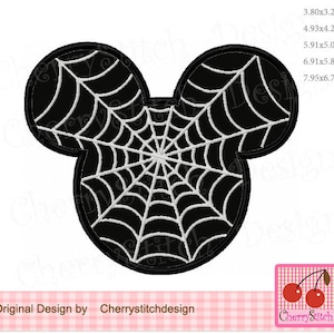 May include: Black and white spiderweb design in the shape of a mouse head. The design includes a detailed spiderweb pattern. The text "Original Design by Cherrystitchdesign" is at the bottom. The image dimensions are listed in inches.
