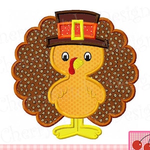May include: A cartoon turkey wearing a brown pilgrim hat with an orange buckle. The turkey is orange with yellow feet and a red wattle. It is set against a brown, scalloped background with a small floral pattern. The design is likely for Thanksgiving.