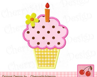 Birthday Cupcake, Cupcake with flower Machine embroidery applique