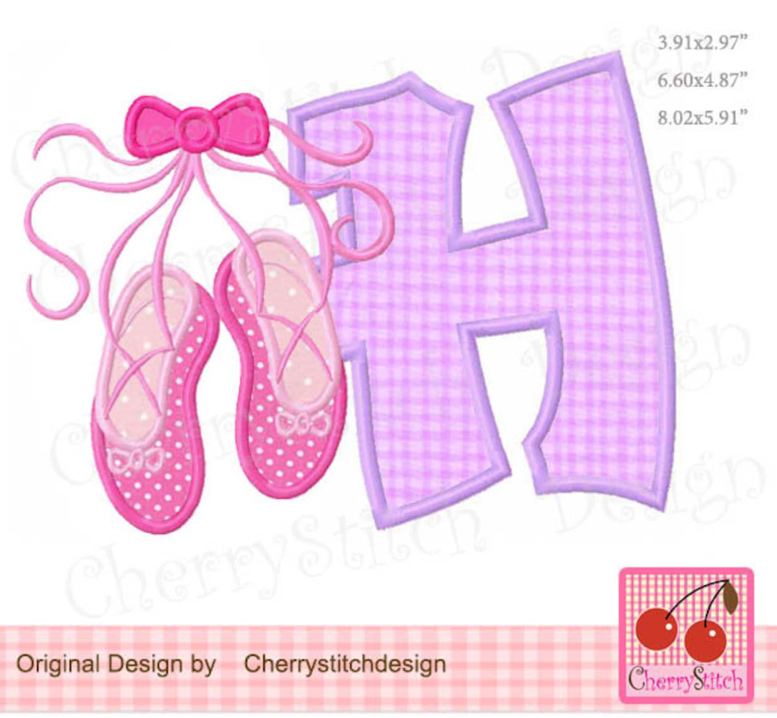 ballet shoes letter h monogram h machine embroidery applique design - for 4x4, 5x7 and 6x10 hoop
