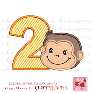 May include: A digital design featuring a yellow number 2 with orange diagonal stripes and a cartoon monkey face. The monkey has a tan face, brown hair, and a smiling expression. The design includes the text "CherryDigiart".