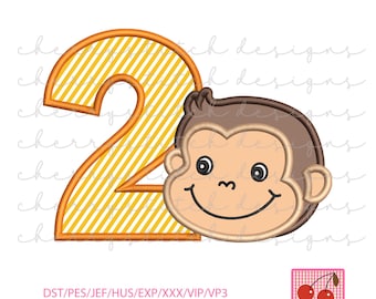 Kids' Monkey Boy Number 2 Embroidery Applique - Fun 2nd Birthday Shirt & Decor