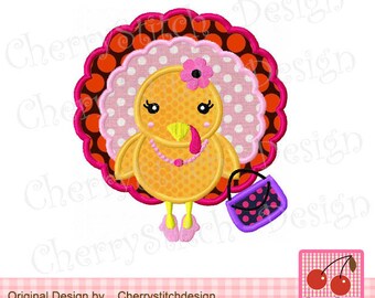 Thanksgiving Turkey Girl Machine Embroidery Applique Design