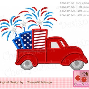 May include: Red pickup truck with a bed full of fireworks in red, white and blue. The fireworks are in the shape of stars and stripes. The truck is 9.74 inches by 6.89 inches and has 16,758 stitches.