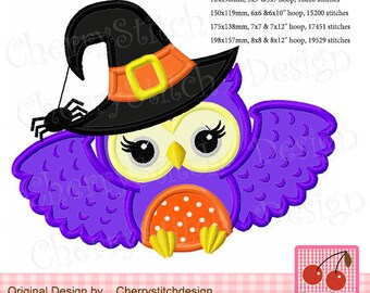 Spöklikt Halloween-uggla-häxhatt-maskinbroderi-applikationsmönster