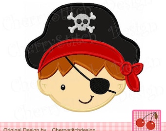 May include: Embroidered design of a cartoon pirate with a black hat, red bandana, and an eye patch. The pirate has brown hair and a smiling face.