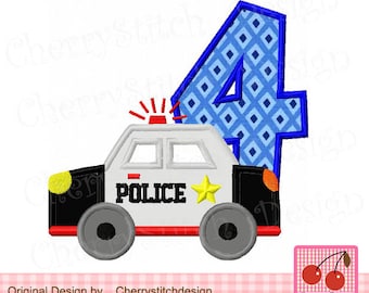 Police Car number 4 Birthday Machine Embroidery Applique Design