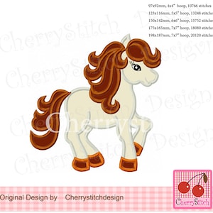 May include: A brown and white cartoon horse with a brown mane and tail. The horse is standing on its hind legs with its front legs raised. The horse is looking to the right. The image is a digital embroidery design.