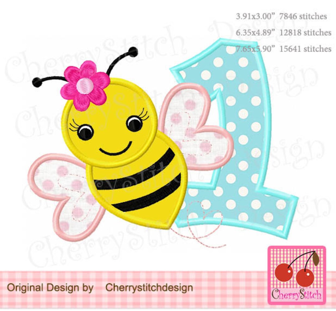 Bumble Bee Number 1 Applique: First Birthday Embroidery Design (digital ...