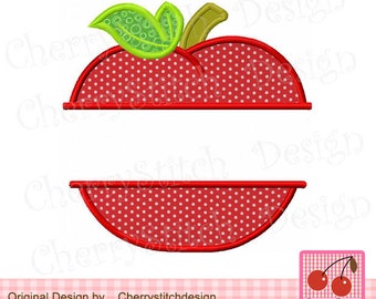 Puede incluir: Un diseño de manzana roja con lunares blancos, hojas verdes y un tallo marrón. El diseño incluye un espacio para texto y las palabras "Original Design by Cherrystitchdesign". Un logotipo de cereza está en la esquina inferior derecha.
