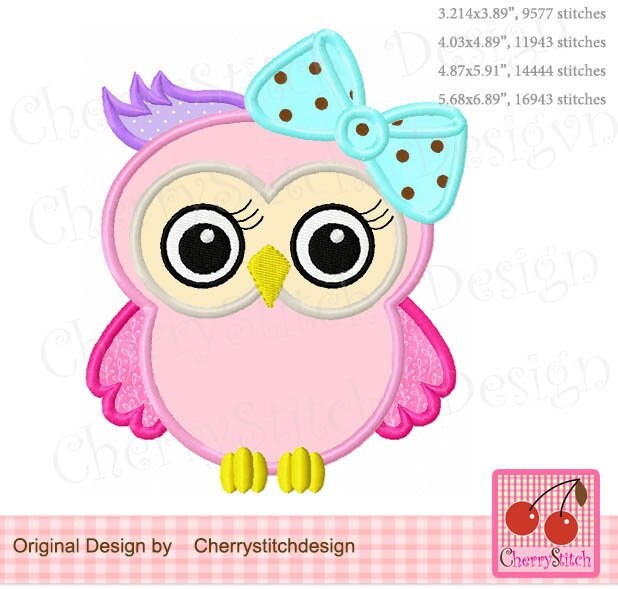 Owl Girly owl with bow Machine Embroidery Applique Design AN0214