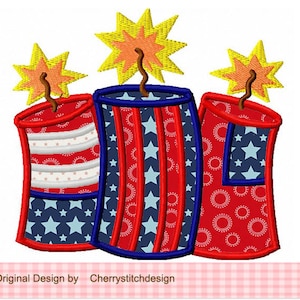 May include: Three red, white and blue firecrackers with yellow stars on top. The firecrackers are decorated with red, white and blue stripes, stars and circles.