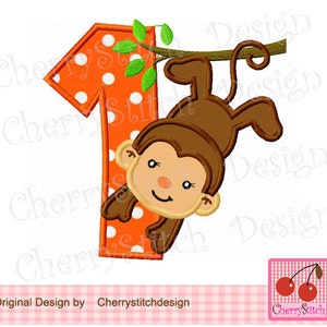 Birthday Monkey Number 1 Machine Embroidery Applique Design -4x4 5x5 6x6 inch-