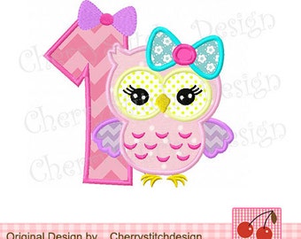 Owl number 1 Birthday machine embroidery applique-4x4 5x5 6x6"