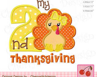 My 2nd Thanksgiving Turkey Girl Number 2 Machine Embroidery Applique TH0079 - 4x4, 5x5, 6x6, 7x7"