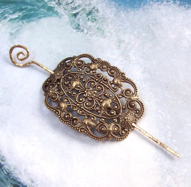 Victorian Shawl Pin Golden Filigree Scarf Pin Hair Slide Etsy