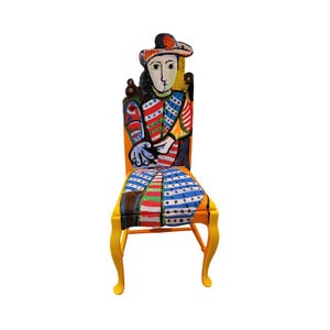 Picasso Portrait of Girl Sitting upcycled chair painted by artist Todd Fendos