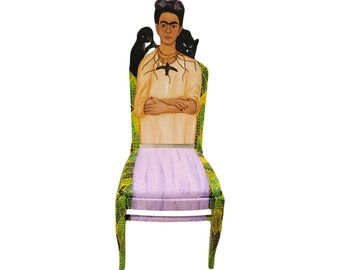 Frida Kahlo's "Self-Portrait with Thorn Necklace and Hummingbird" chair painted by Artist Todd Fendos