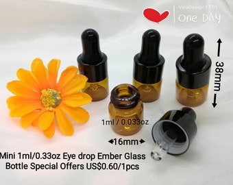 Mini 1ml /0.033oz Eye Drop Brown Glass Bottle Mini Eye Drop Essential Oil Vial Mini Eye Dropper Vial Thick Glass Vial Essential Oil Vial