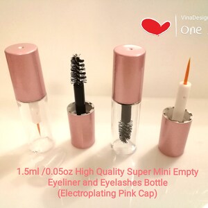 Puede incluir: Tres botellas de plástico transparente con tapas y aplicadores de color rosa dorado. Las botellas tienen una capacidad de 1,5 ml o 0,05 oz. Las botellas están etiquetadas como "High Quality Super Mini Empty Eyeliner and Eyelashes Bottle (Electroplating Pink Cap)".