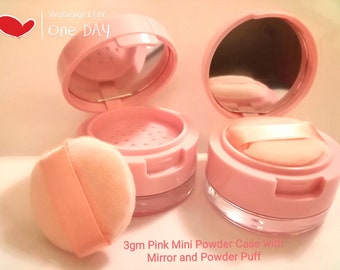 3gm / 0.10oz Portable Mini Pink Powder Box with Mirror and Power Puff Pink Powder Box Mini Compact Box Small Powder Puff Mirror Cosmetic Box