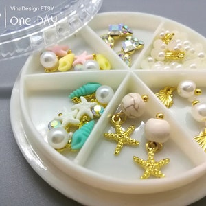 12pcs Assorted Conch Nail Charm Starfish Nail Charm Diamond Bow Nail Charm Sea Shell Nail Charm 3mm Pearl Bead Nail Charm Storage 6 Section