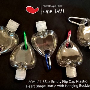 50ml/1.7oz Empty Flip Cap Plastic Heart Shape Bottle w/Buckle Clear hand Sanitizer Bottle Hand Cleanser Empty Flip Hanging Bottle Gel Bottle
