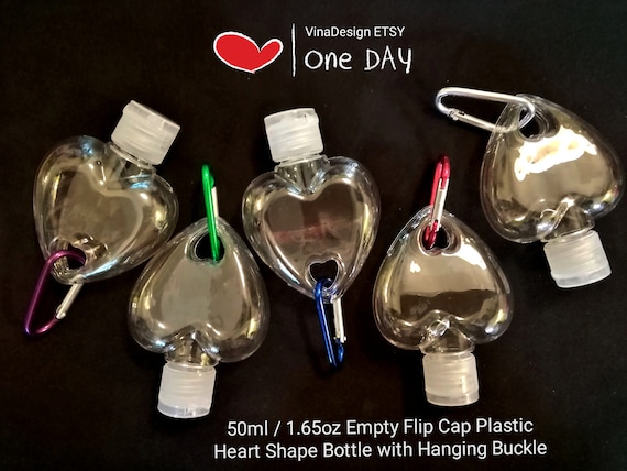 50ml/1.7oz Empty Flip Cap Plastic Heart Shape Bottle w/Buckle Clear hand Sanitizer Bottle Hand Cleanser Empty Flip Hanging Bottle Gel Bottle