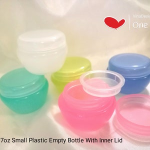 May include: Five small plastic empty bottles with inner lids. The bottles are in various colours: white, light green, light blue, yellow, and pink. The bottles are 5 grams or 0.17 ounces each.