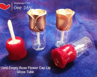 10ml/0.3oz Empty Rose Flower Cap Lip Gloss Tube Rose Lip Gloss Tube Red Flower Lip Gloss Empty Gold Rose Lip Glaze Bottle Big Lip Gloss Tube