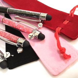1pcs Personalized Touch Screen Crystal Pen and Dark Ball Pen with Pen Case / Letter Charms / Replacement Metal Refill 2pcs (Dark Blue & Red)