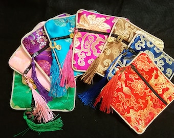 1 pcs Large115mmx115mm Chinese Embroidered Zipper Pouch w/Mini Chinese Character Charm Bracelet Storage Pouch Silk Zipper Bag Chinese Tassel