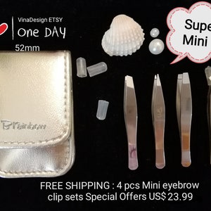 May include: Set of four silver mini tweezers in a gold leather case with the word "Rainbow" embossed on the front. The case measures 8 cm by 5.2 cm. The tweezers measure 6.2 cm in length.  "Super Mini!!" is written in a speech bubble.